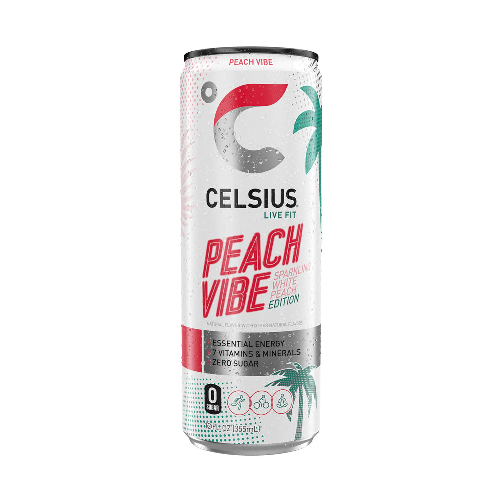 CELSIUS lata sobre toalla en playa evocando sabor inspirado en Miami y vitalidad