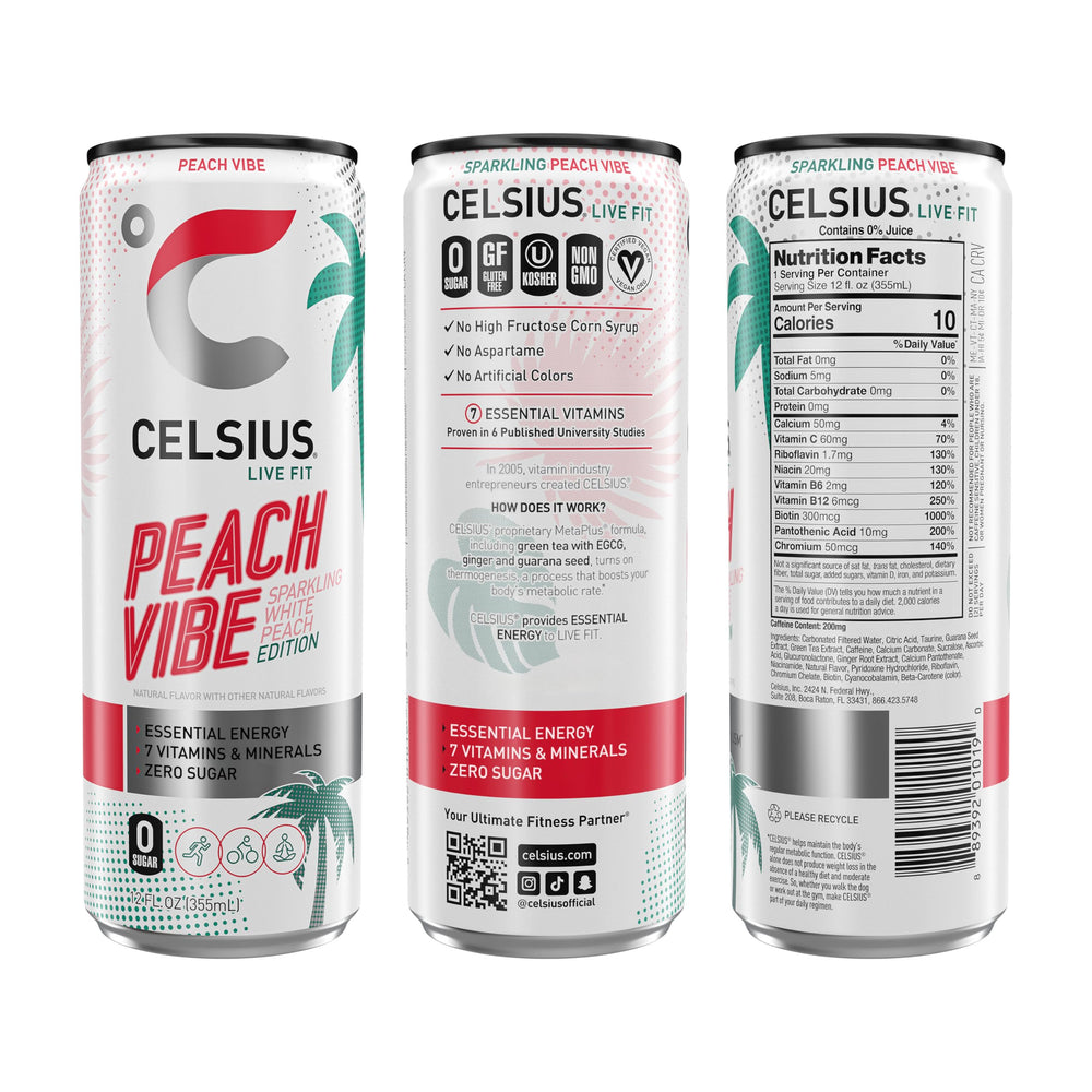 CELSIUS primer plano de burbujeo y textura que resalta sabor durazno fresco
