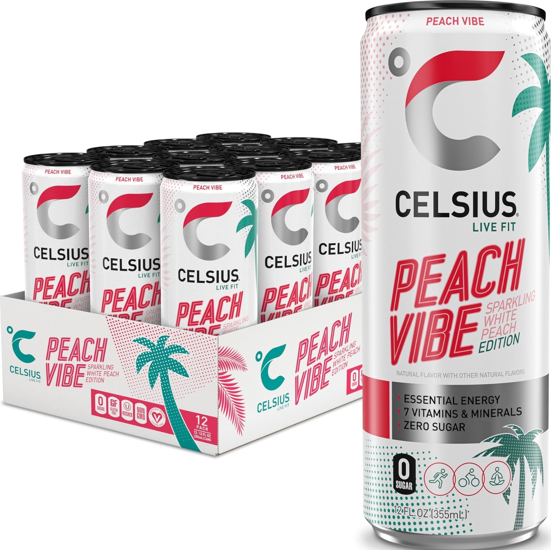 CELSIUS lata frontal Peach Vibe mostrando diseño y energía lista para beber