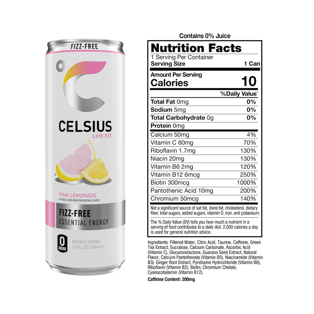 CELSIUS label close-up highlighting ingredients and vitamins