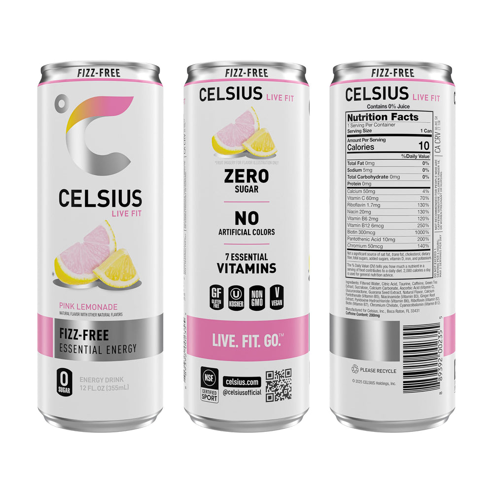 CELSIUS can pouring Pink Lemonade into a glass for refreshment