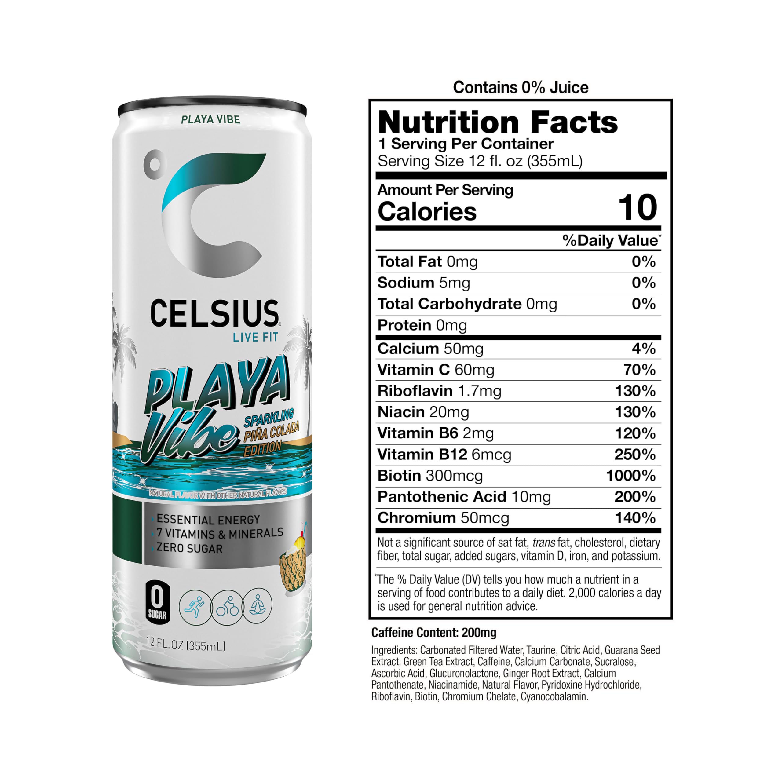 CELSIUS detalle del rótulo mostrando ingredientes y vitaminas
