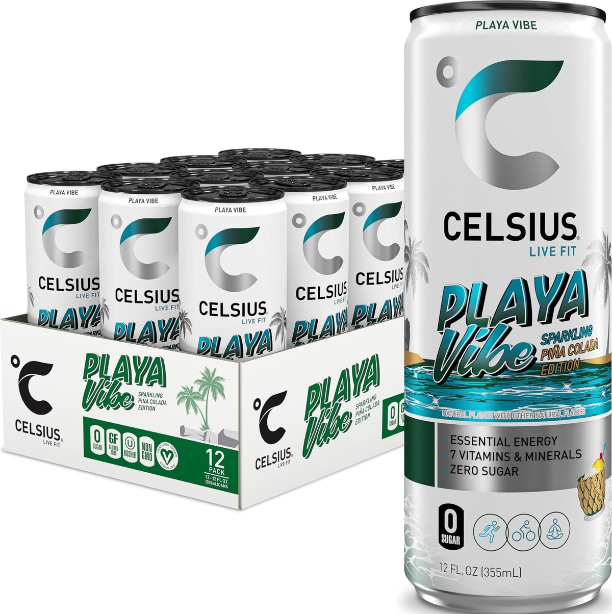 CELSIUS lata frontal con diseño piña colada y energía visible