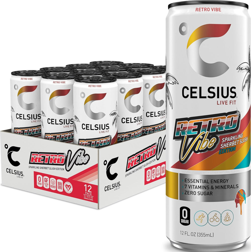 CELSIUS lata frontal mostrando diseño retro y atractivo sabroso