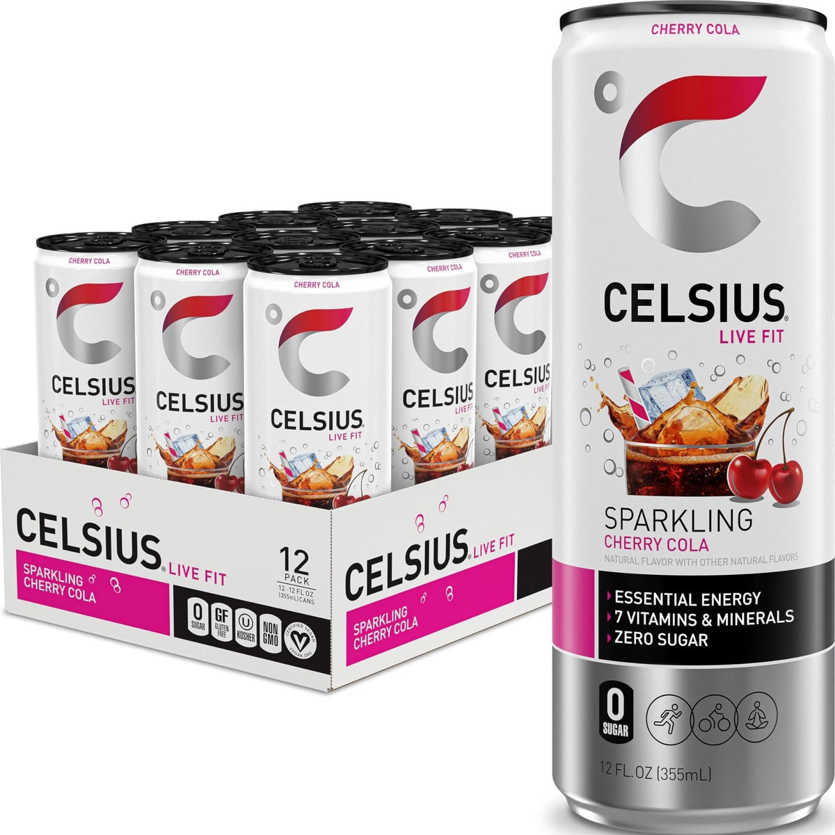 CELSIUS lata frontal con diseño Cherry Cola y beneficio refrescante