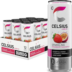 Lata CELSIUS Sparkling Strawberry Passionfruit vista frontal mostrando el diseño y beneficios
