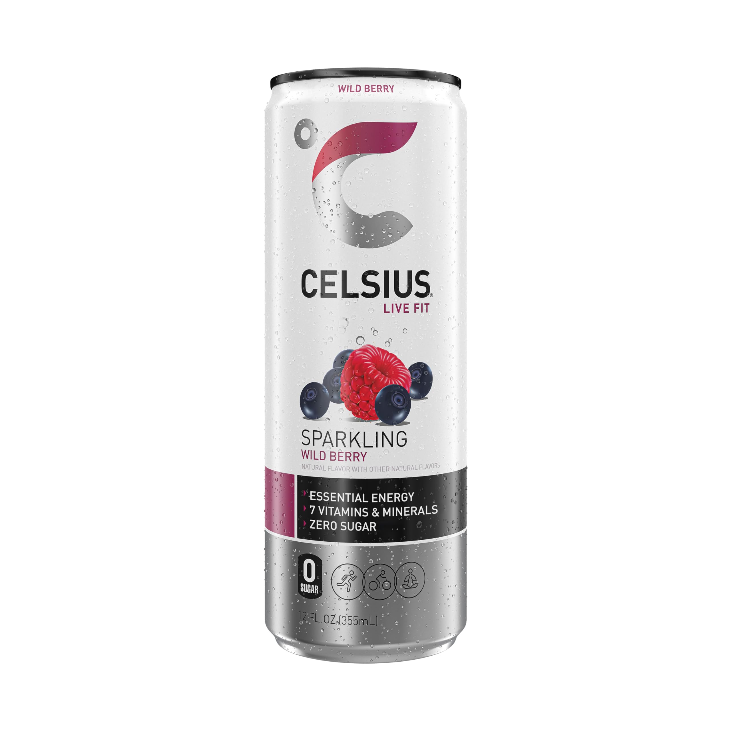 CELSIUS lata junto a toalla y pesas en gimnasio, apoyo para entrenamientos