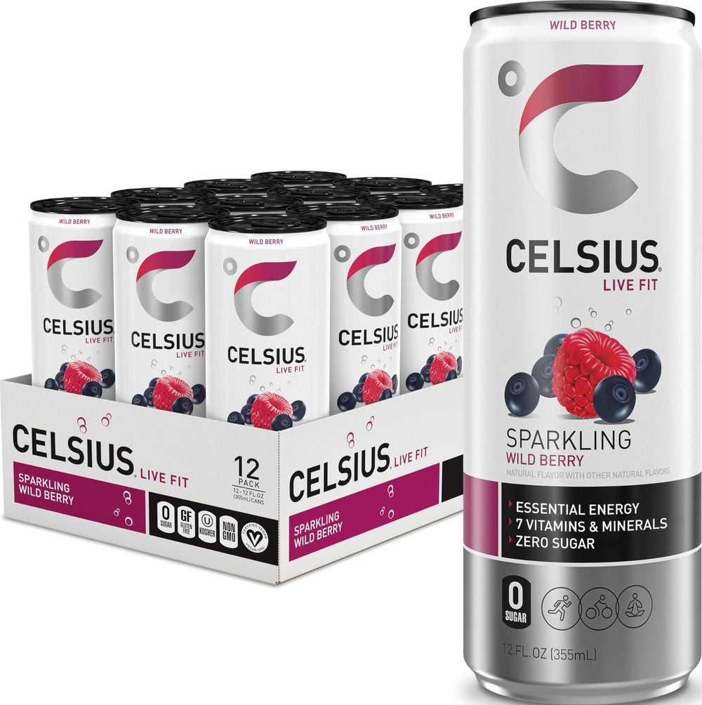CELSIUS lata frontal mostrando etiqueta y sabor Wild Berry, ideal para energía