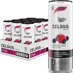 CELSIUS lata frontal mostrando etiqueta y sabor Wild Berry, ideal para energía