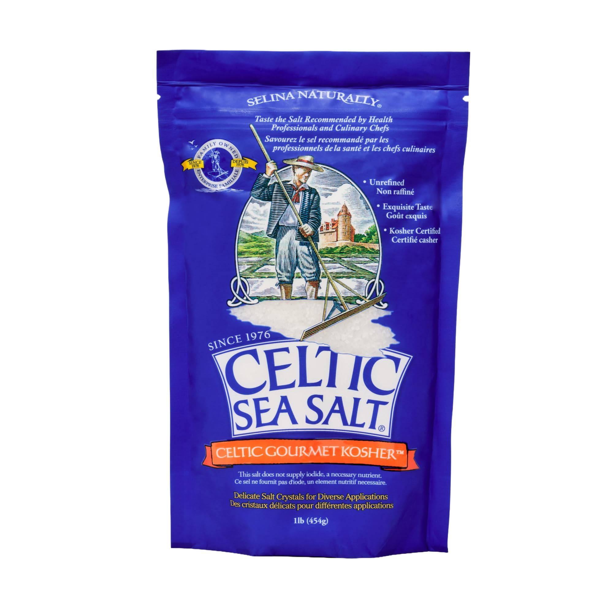 Celtic Sea Salt envase frontal mostrando 1 lb y diseño claro