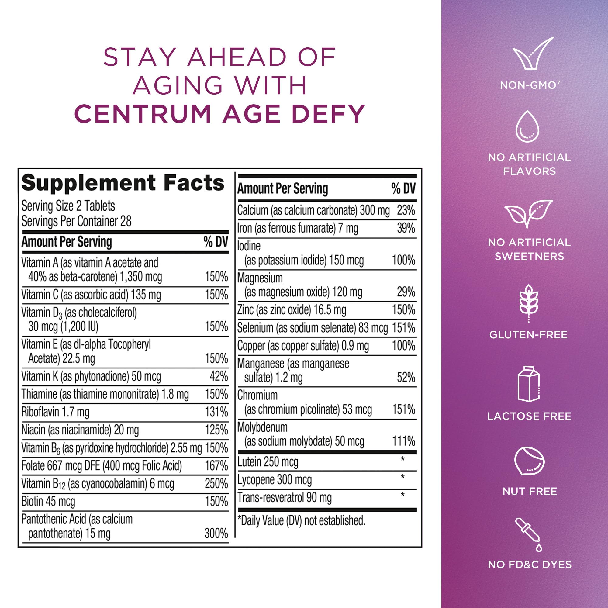 Centrum Age Defy embalaje con iconos de vegetarianismo y sin gluten visibles