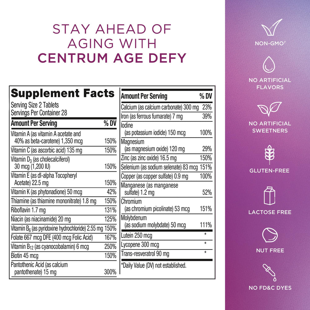 Centrum Age Defy embalaje con iconos de vegetarianismo y sin gluten visibles