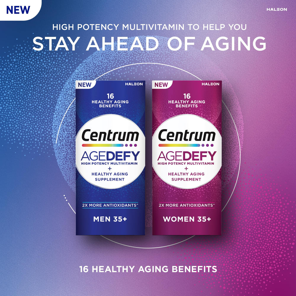 Centrum Age Defy etiqueta nutricional clara con vitaminas y beneficios listados
