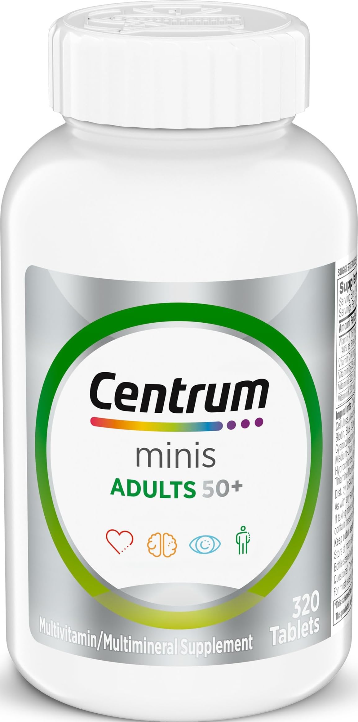 Centrum mostrando el envase frontal y cantidad de 320 tabletas para uso prolongado