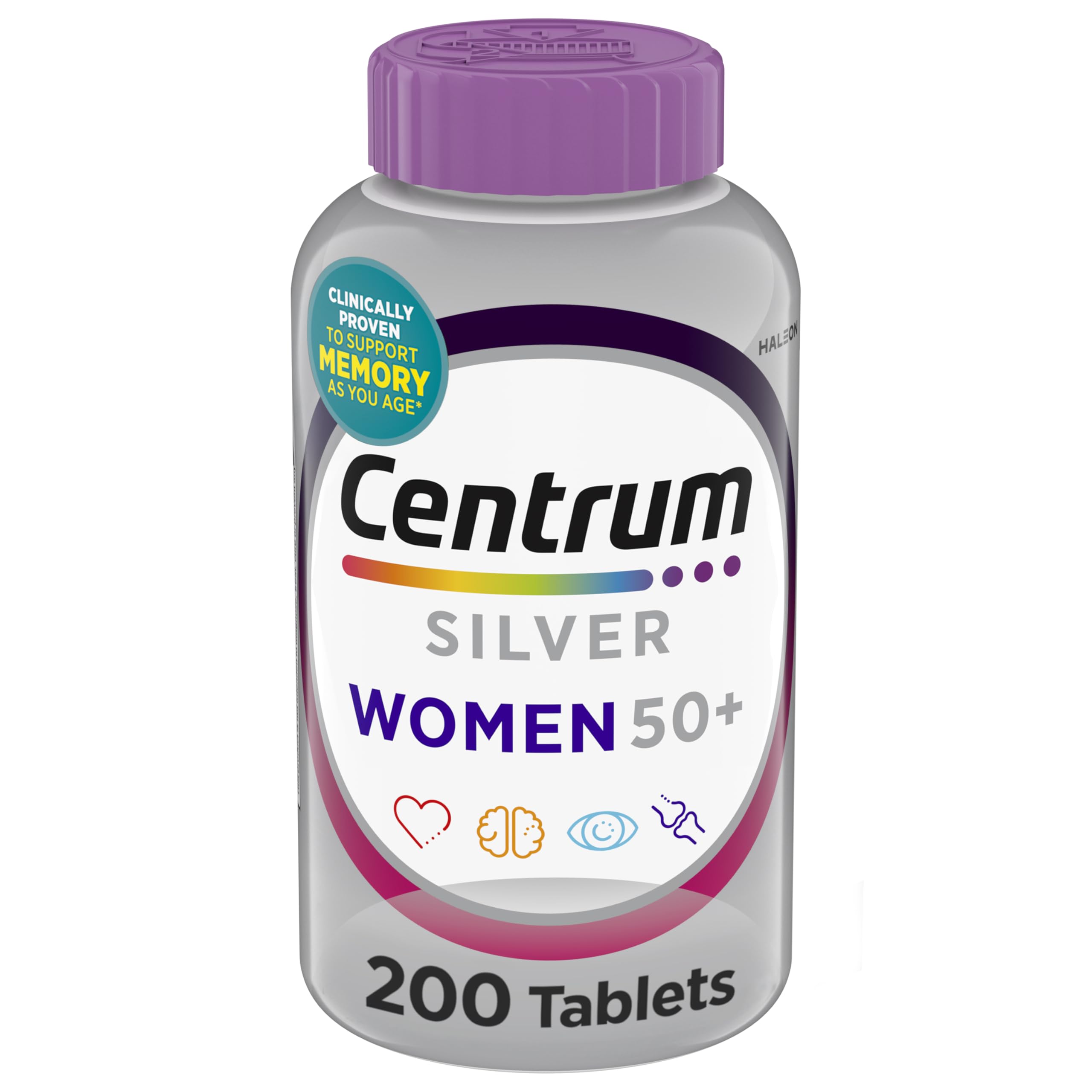 Centrum Silver frontal del envase mostrando 200 tabletas y beneficios