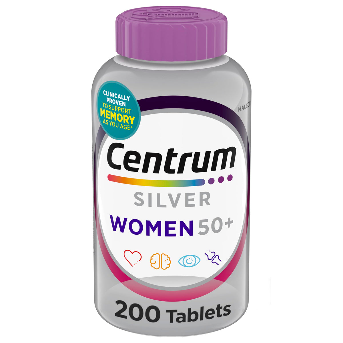 Centrum Silver frontal del envase mostrando 200 tabletas y beneficios