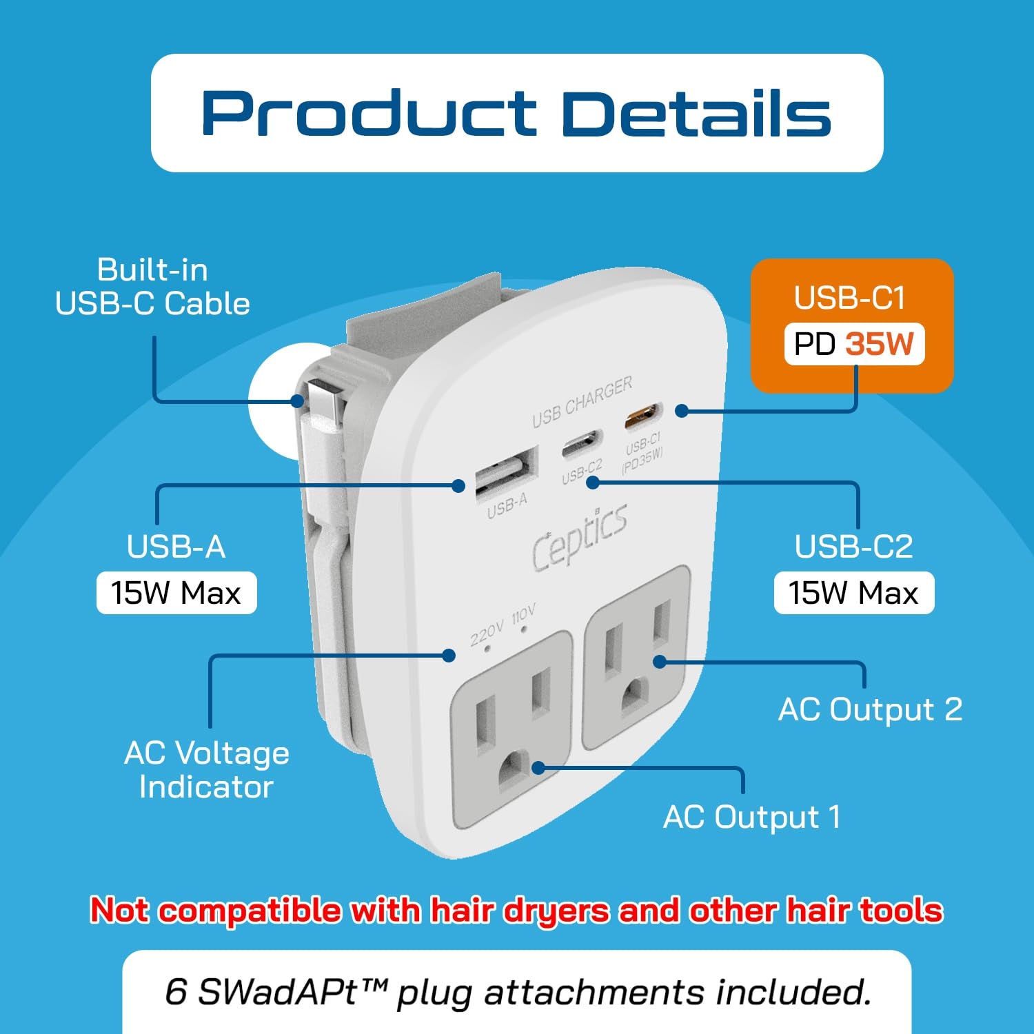 Ceptics cable USB-C incluido conectado a puerto PD 35W para carga rápida