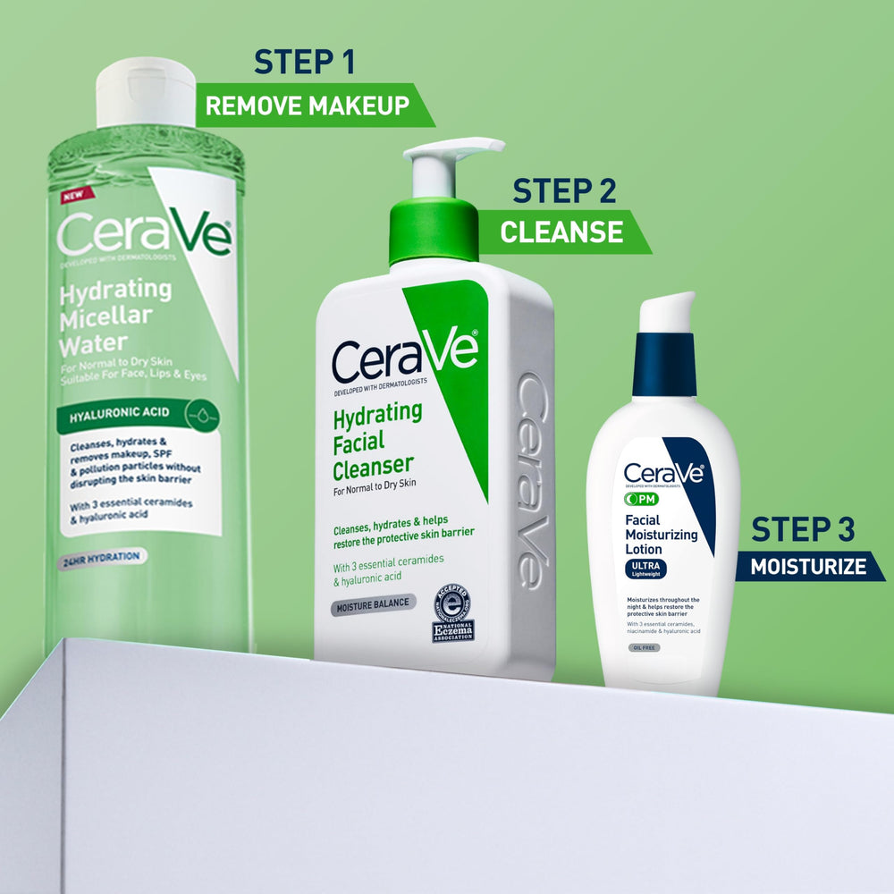CeraVe dentro de baño sobre repisa en rutina de cuidado diario