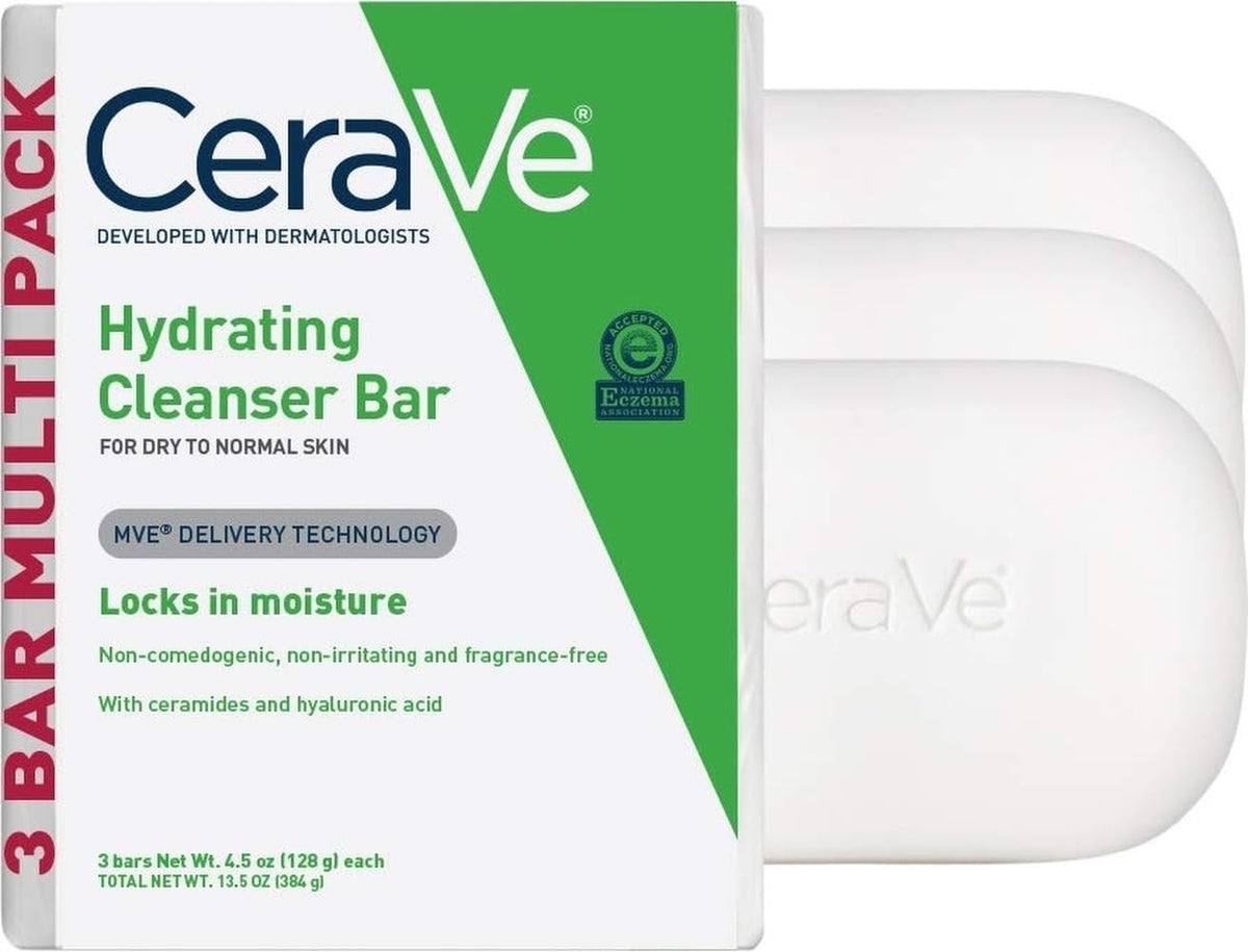 CeraVe barra hidratante frente del empaque mostrando el pack y beneficio hidratación