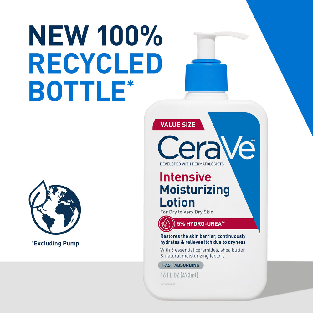 Botella CeraVe 16 oz junto a regla para comparar tamaño y capacidad