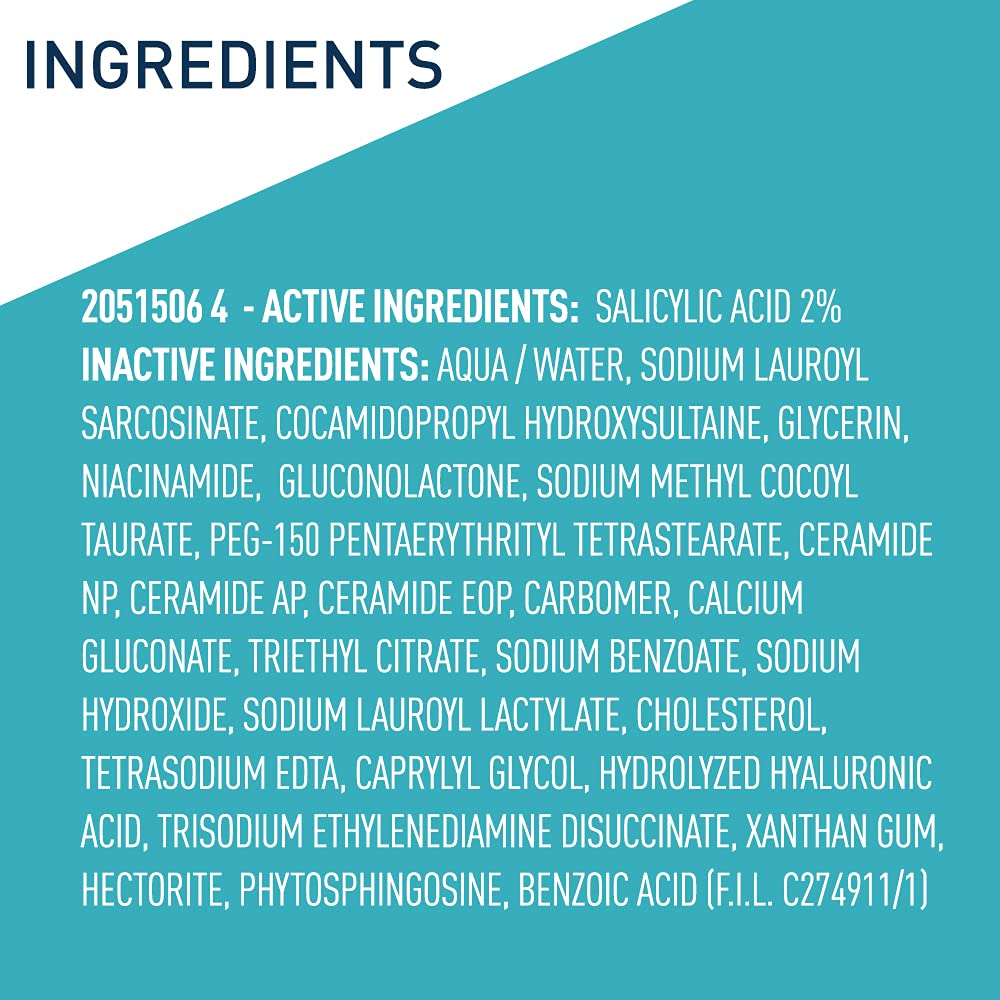 CeraVe etiqueta con ingredientes clave resaltando ácido salicílico, ceramidas y niacinamida