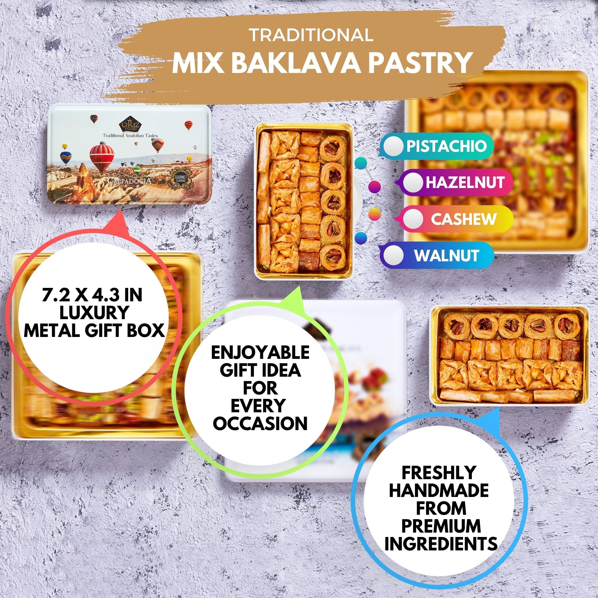 Çerez Pazarı vista interior con surtido de baklava y variedad de sabores