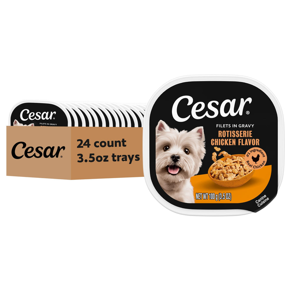 Cesar front packaging showing rotisserie chicken trays and clear branding, appetizing benefit