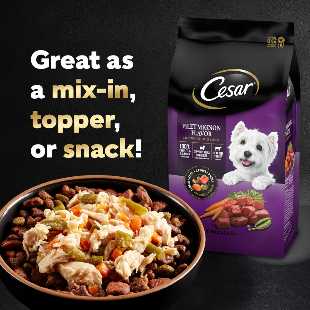 Cesar lifestyle image of dog eating topper showing enjoyment and improved appetite benefit