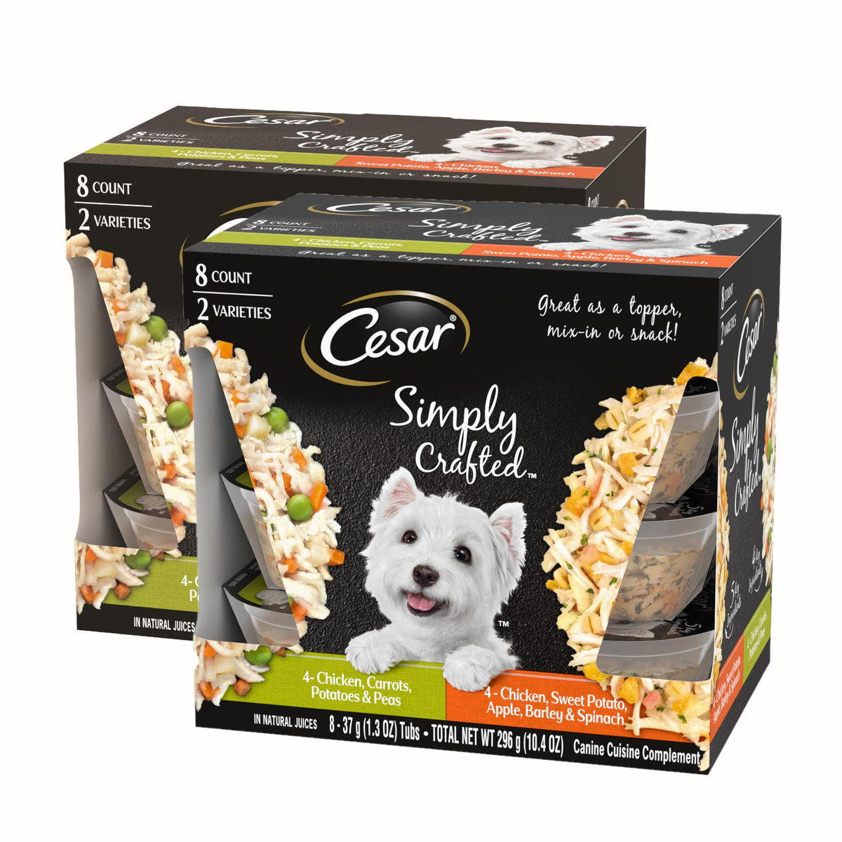 Cesar envase frontal mostrando topper de pollo y diseño práctico