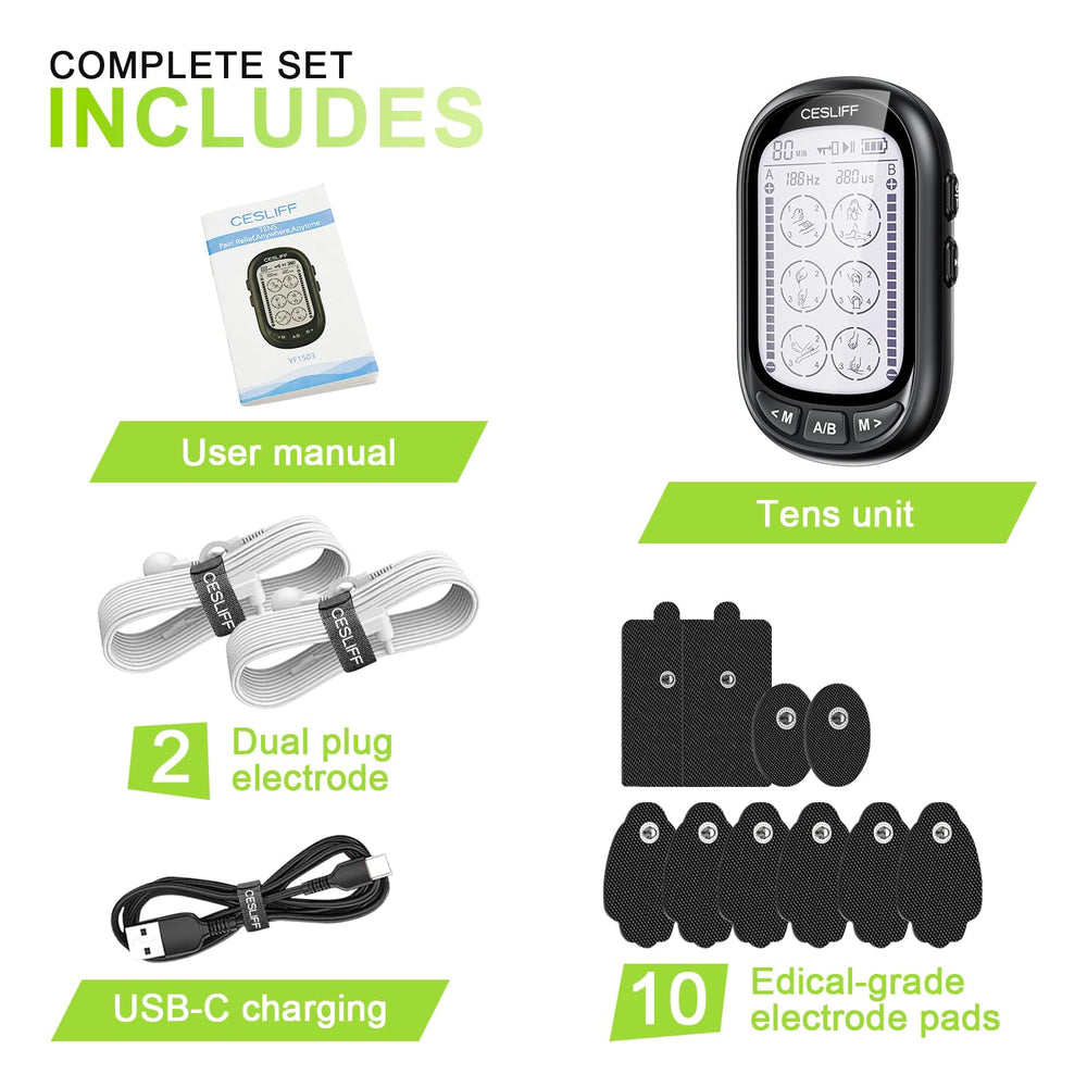 CESLIFF embalaje con accesorios incluyendo cables, manual y 10 electrodos