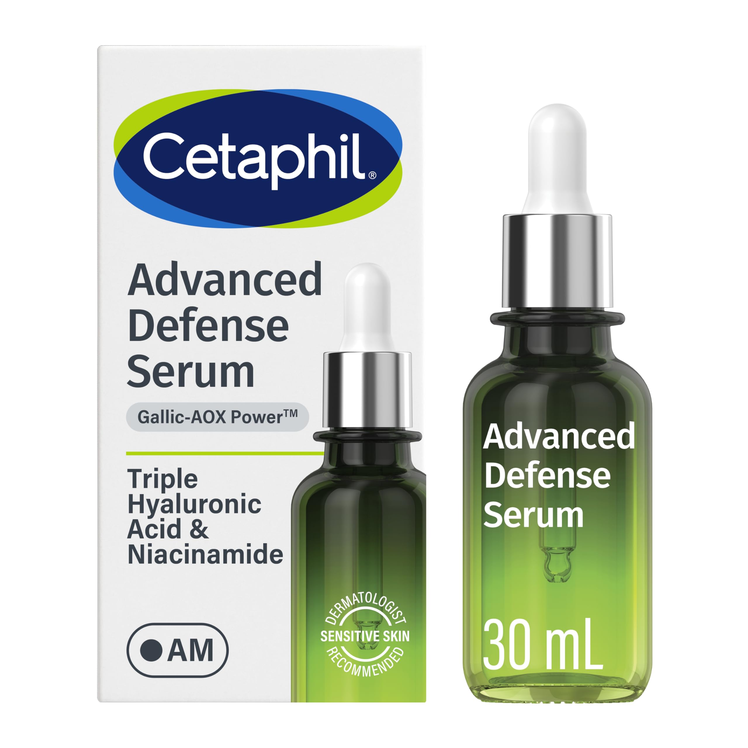 Cetaphil frasco frontal del suero Advanced Defence mostrando diseño claro y confianza
