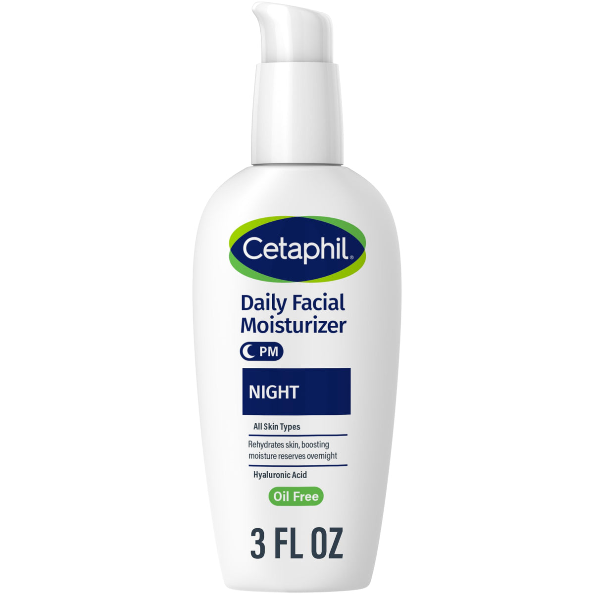 Cetaphil envase frontal noche mostrando marca y formato 3oz, hidratación confiable