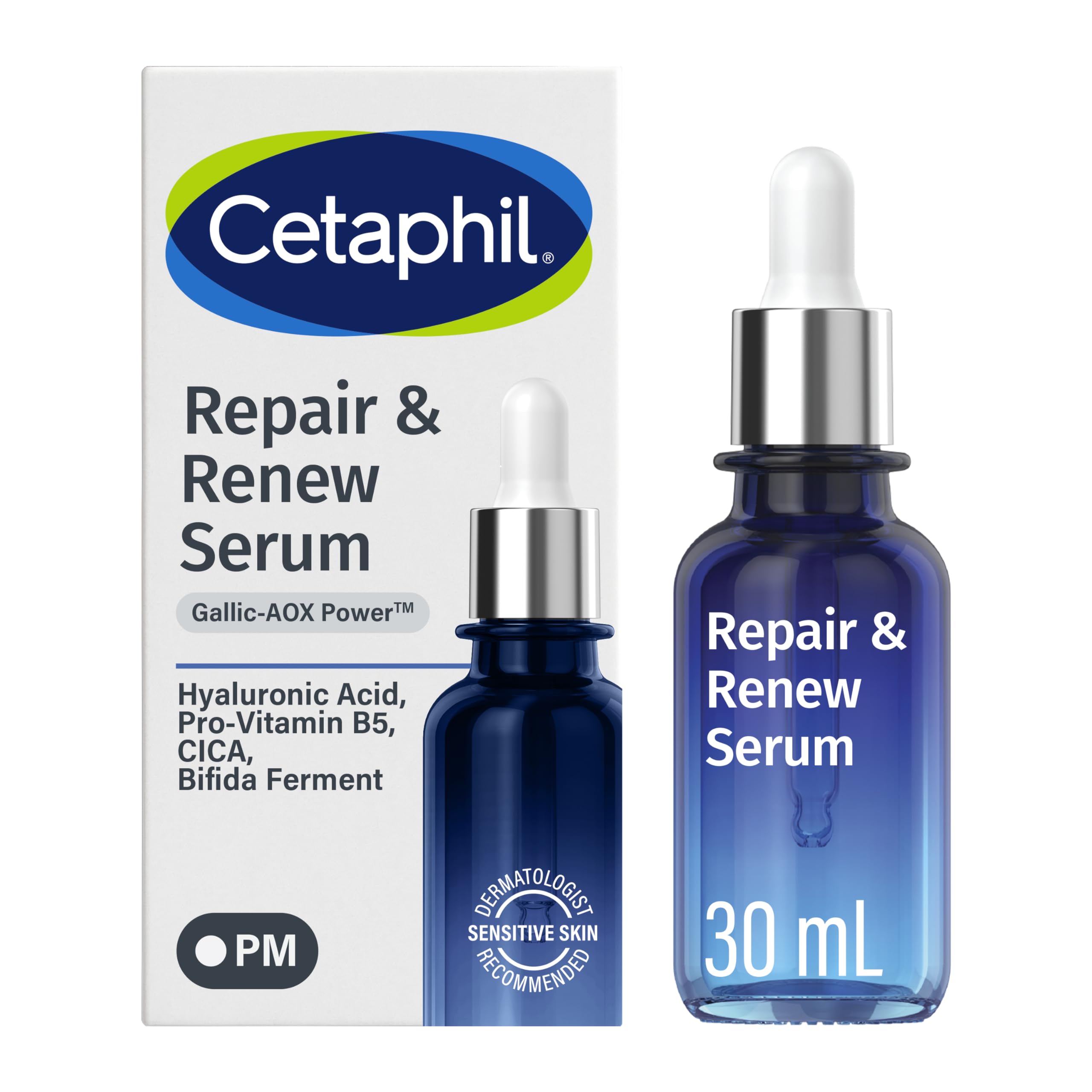 Cetaphil botella frontal mostrando sérum nocturno, aspecto limpio y profesional