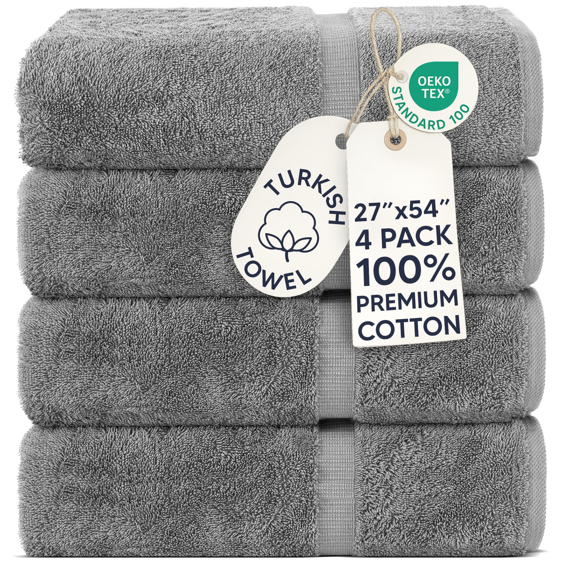 Chakir Turkish Linens toalla frontal en gris mostrando acabado y tamaño, tacto suave
