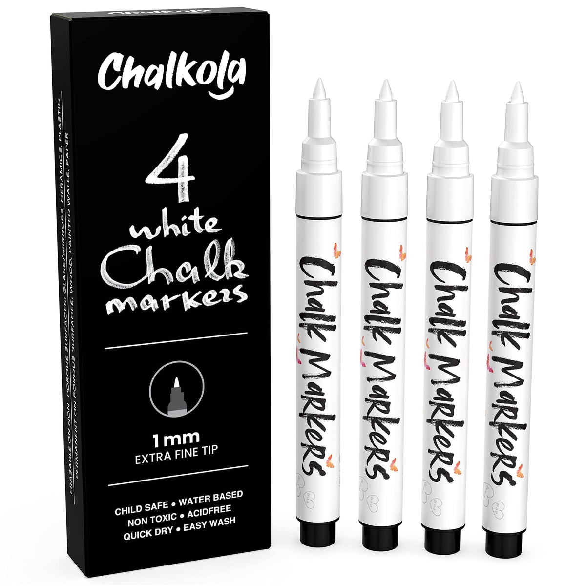 Chalkola pack frontal de 4 marcadores blancos mostrando presentación y versatilidad