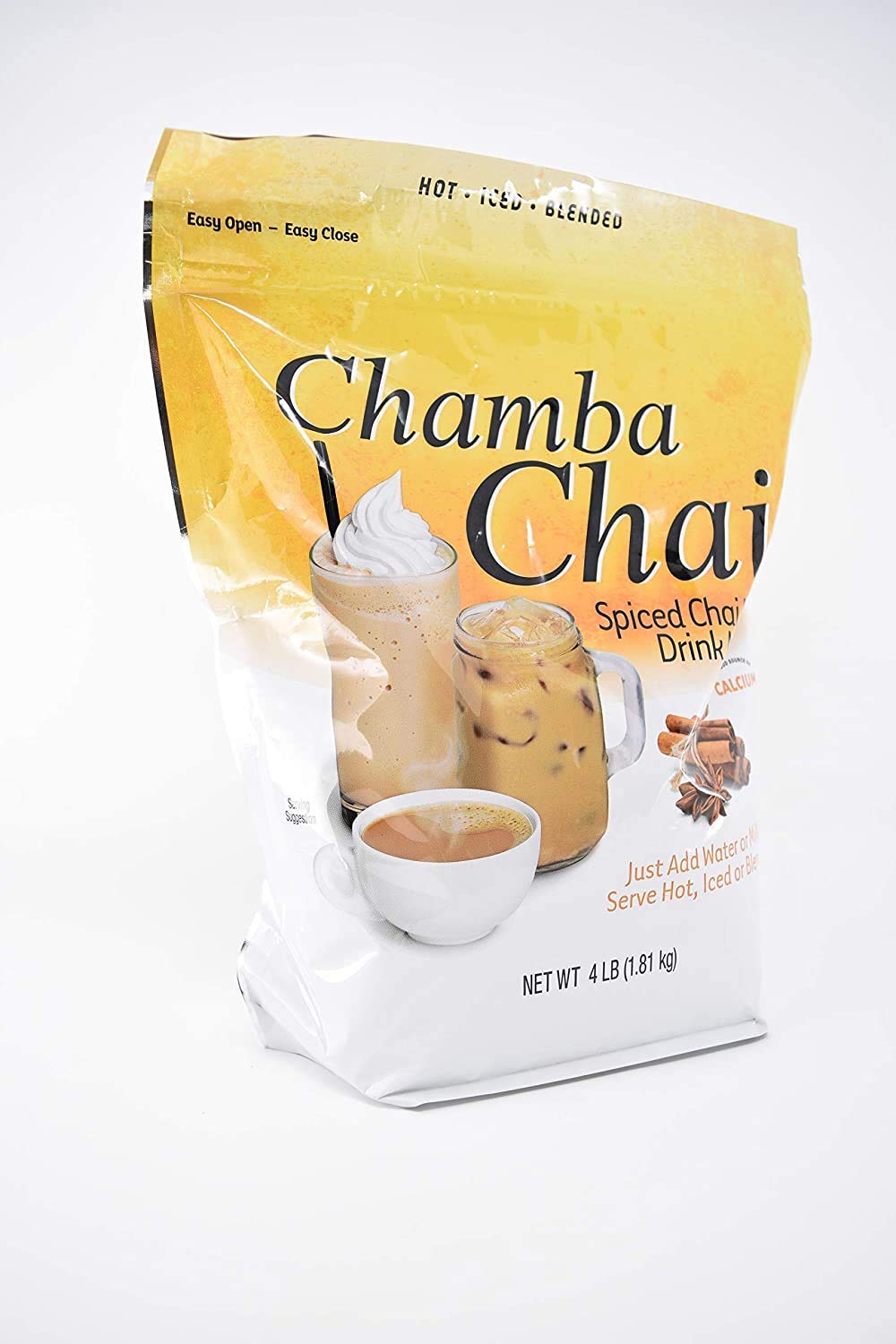 Chamba Chai bolsa frontal reseñalable mostrando mezcla y conveniencia para preparar chai