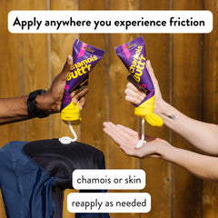 Chamois Butt'r Her' applied to thigh to reduce friction and increase comfort