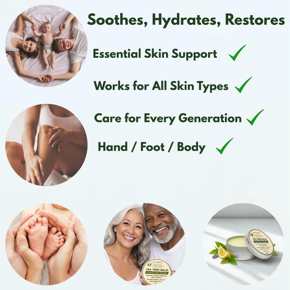 Etiqueta de Chamuel Tea Tree Oil Balm con ingredientes botánicos destacados