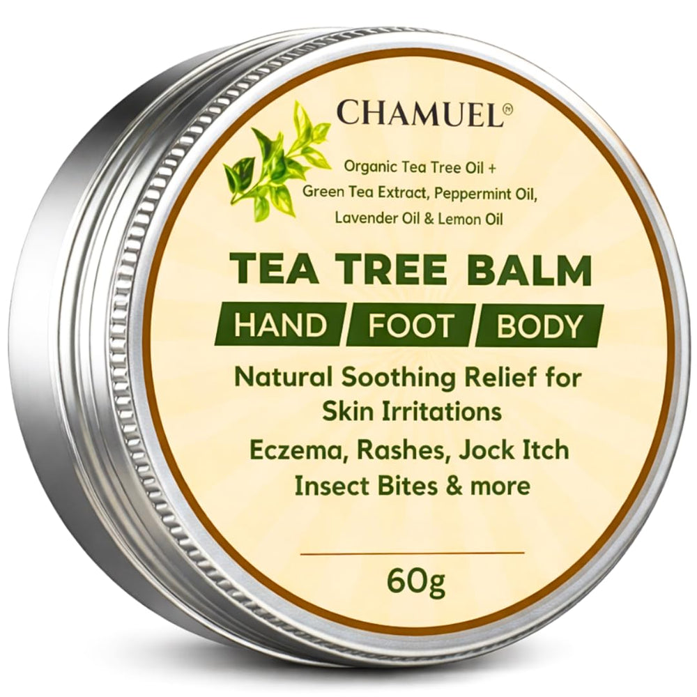 Chamuel Tea Tree Oil Balm vista frontal mostrando envase y beneficio hidratante