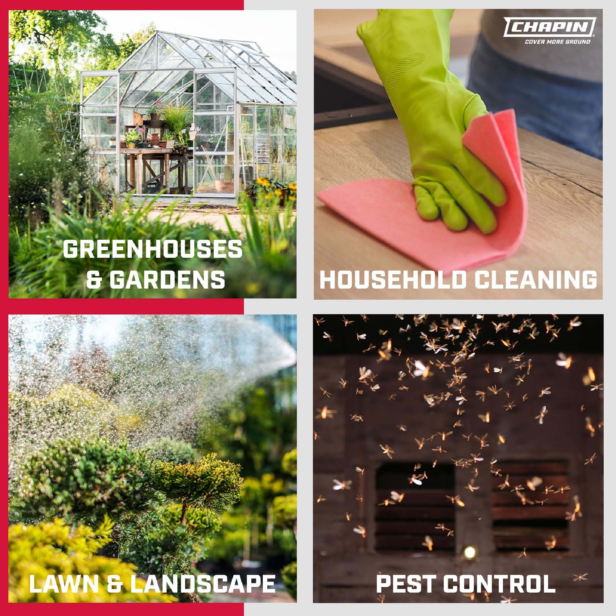 CHAPIN pulverizador en contexto de jardín para cuidado de plantas y control de malezas