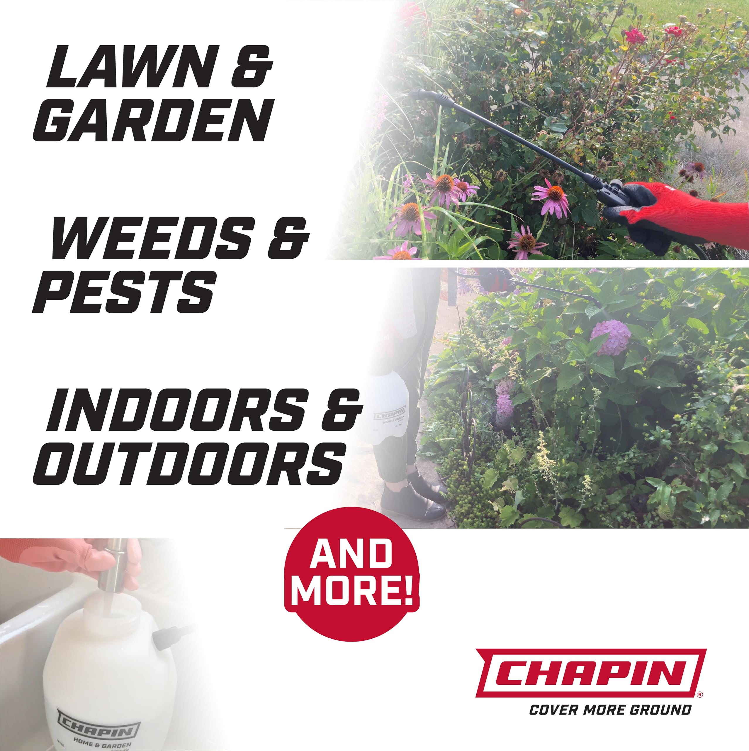 CHAPIN sprayer being used in garden for watering and spot treatments with ergonomic comfort