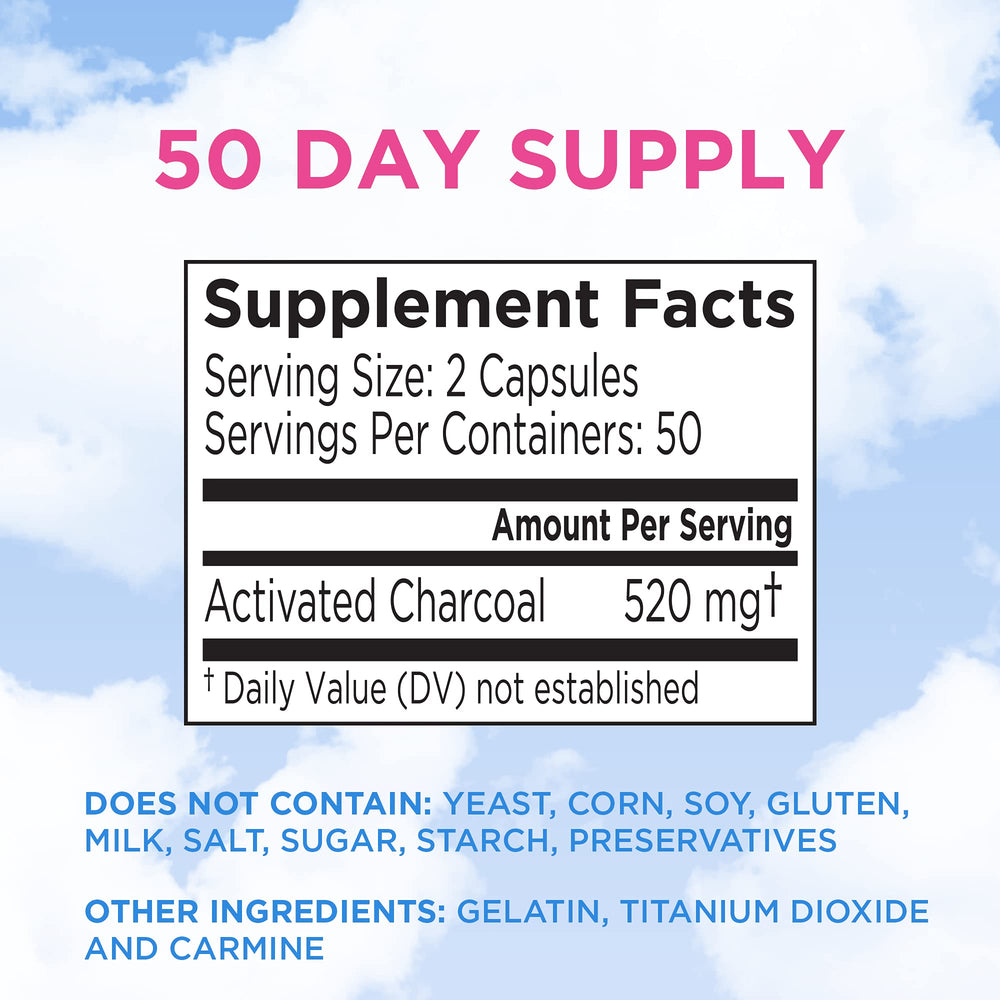 Charcocaps etiqueta con información y lista de ingredientes claros