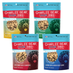Charlee Bear frente del empaque mostrando variedad de sabores y bajo contenido calórico