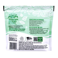 Charlie’s Soap primer plano de la textura en polvo, apariencia fina que facilita el enjuague