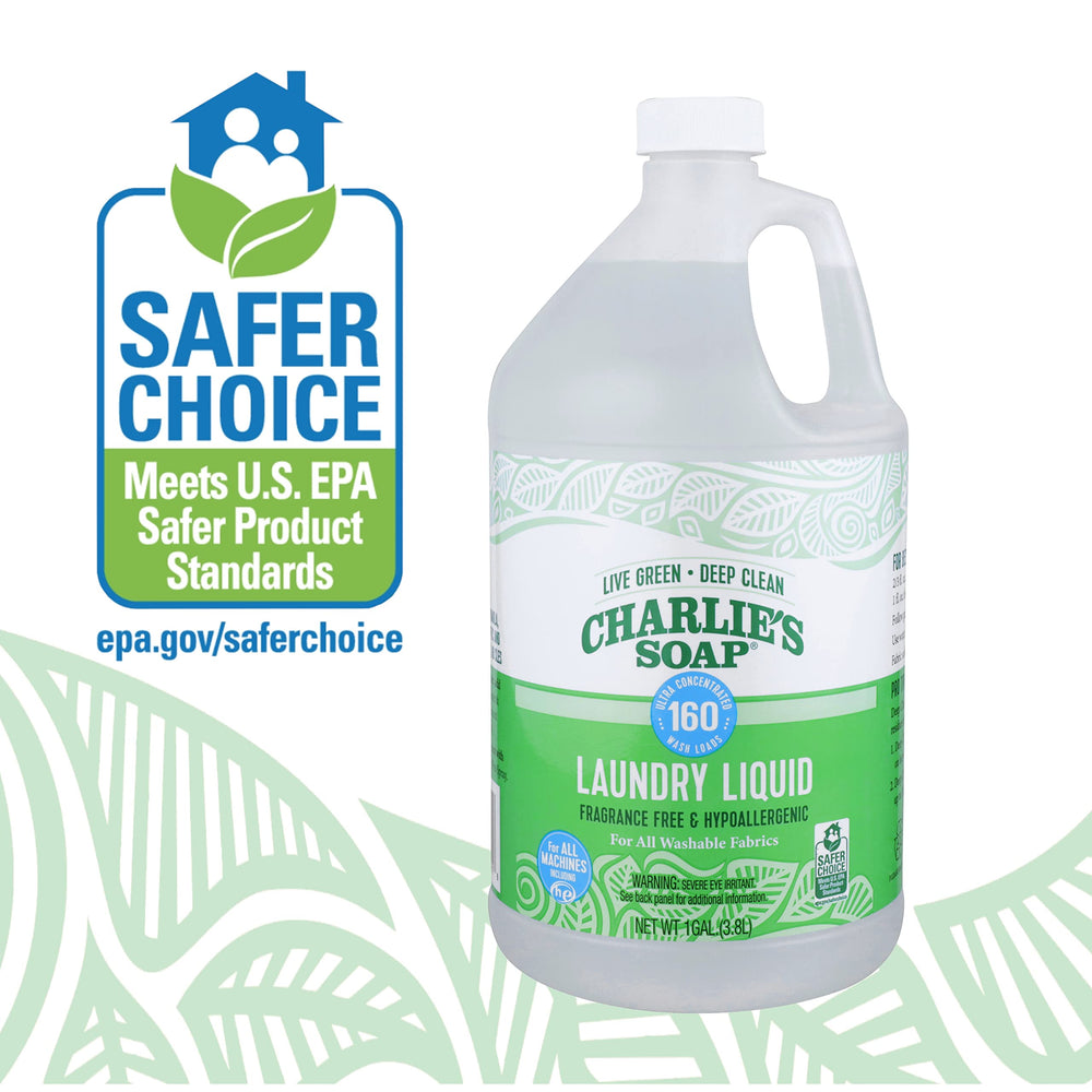 Charlie’s Soap etiqueta con sello EPA Safer Choice y datos de ingredientes seguros