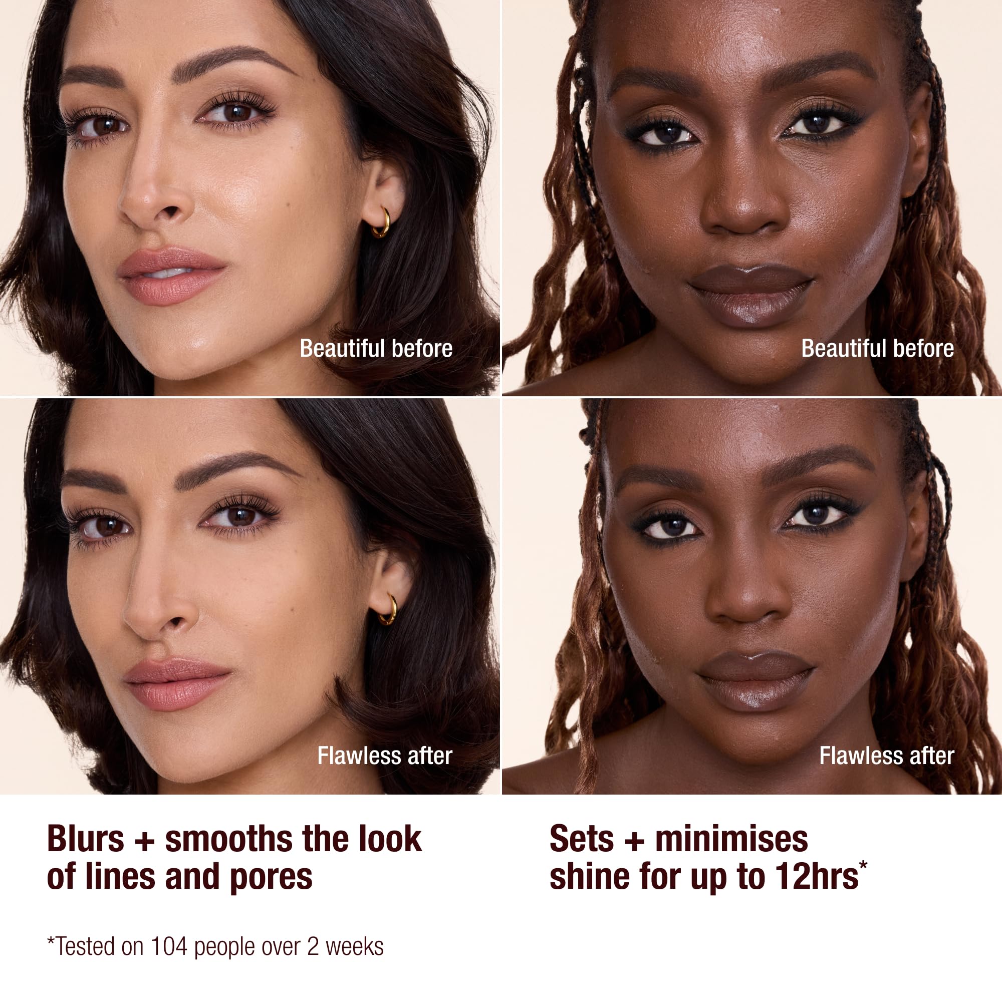 Comparación antes y después usando Charlotte Tilbury mostrando poros difuminados y piel uniforme