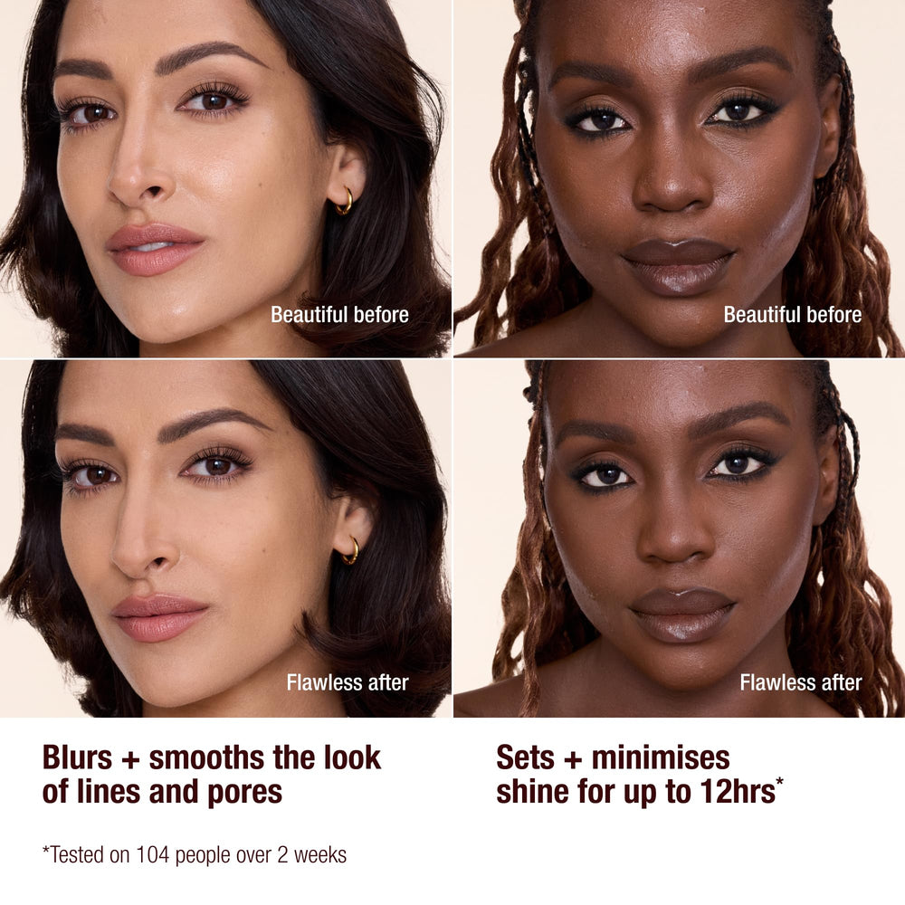 Comparación antes y después usando Charlotte Tilbury mostrando poros difuminados y piel uniforme