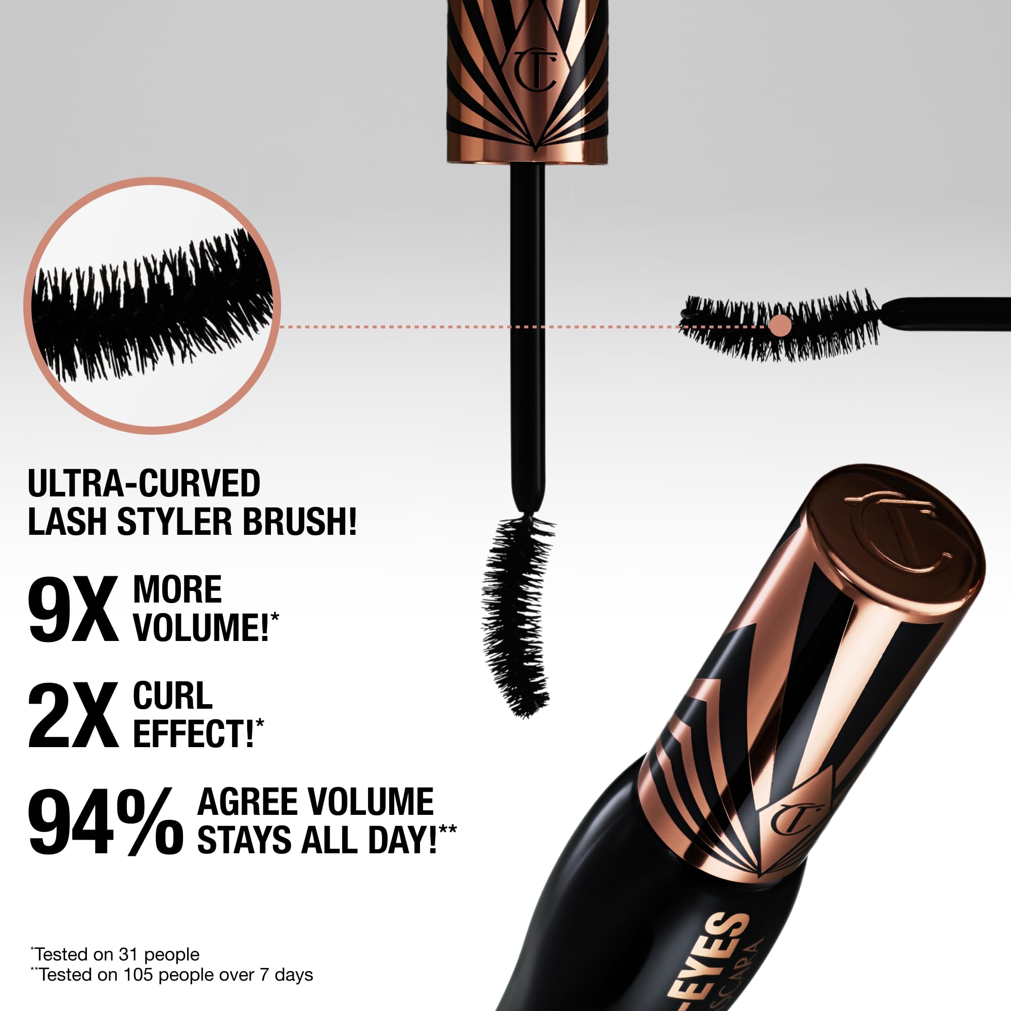 Charlotte Tilbury máscara aplicada en modelo realzando largo y rizo visibles
