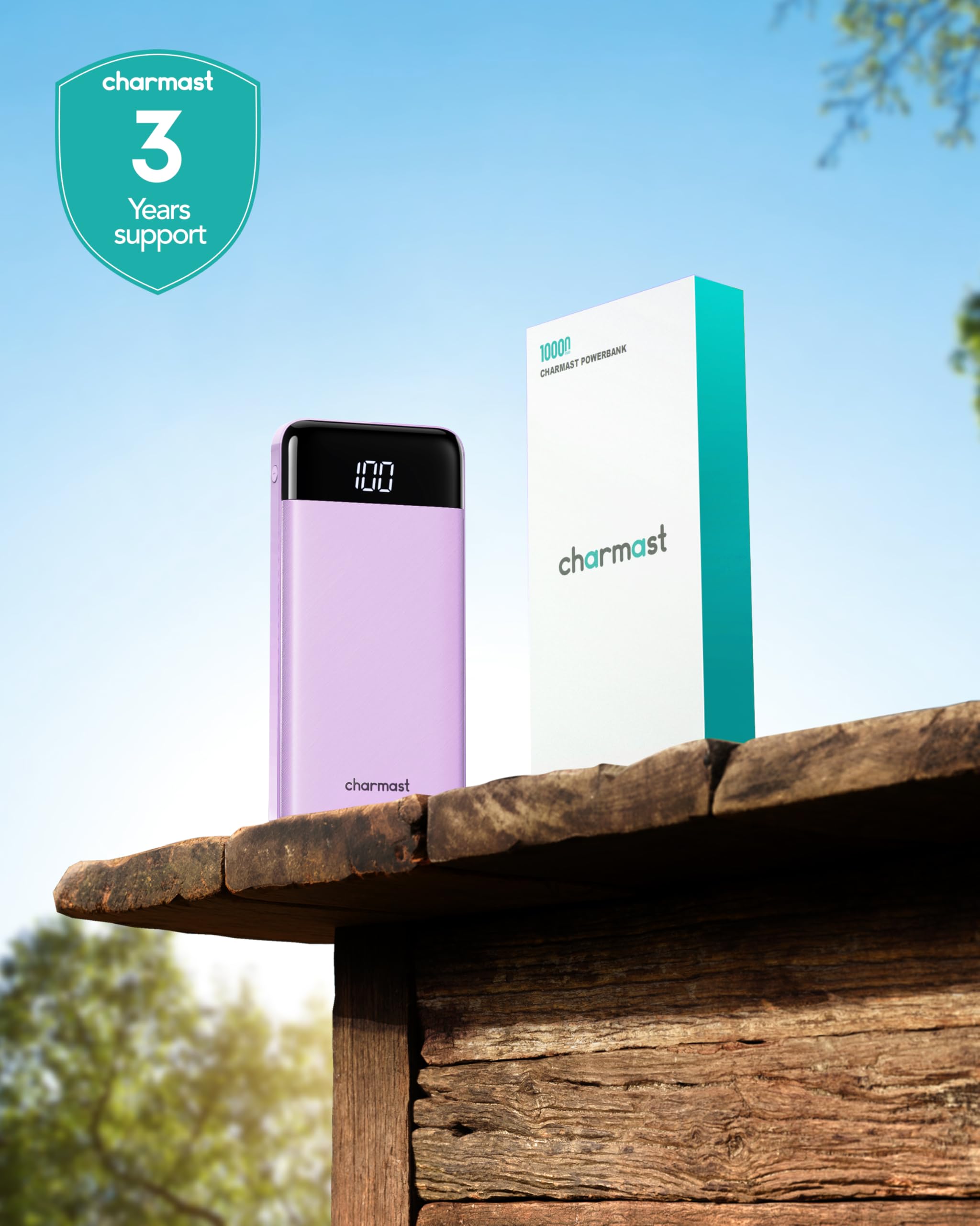 charmast etiqueta que indica 10000mAh y especificaciones de capacidad
