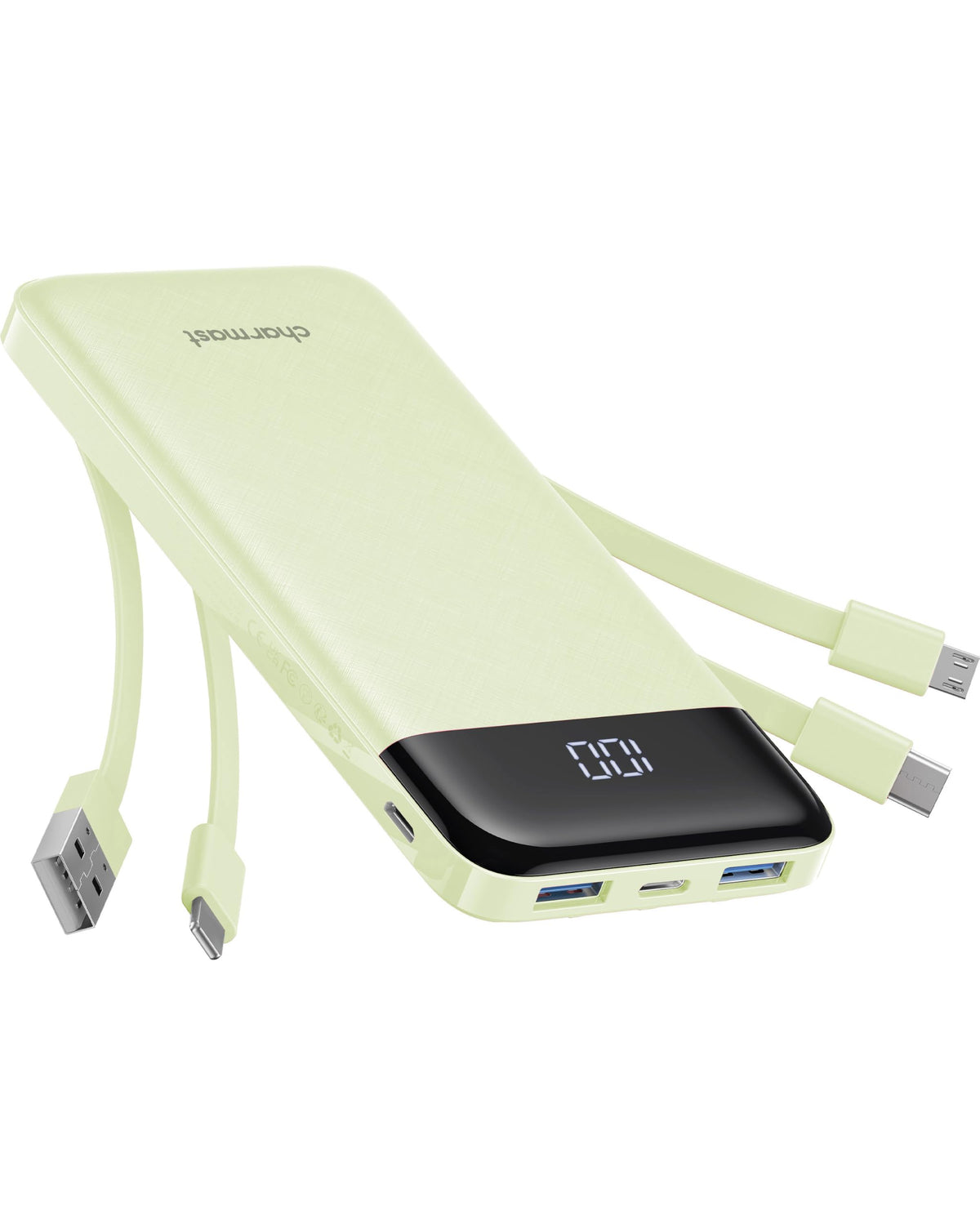 charmast vista frontal del power bank mostrando diseño compacto y utilidad